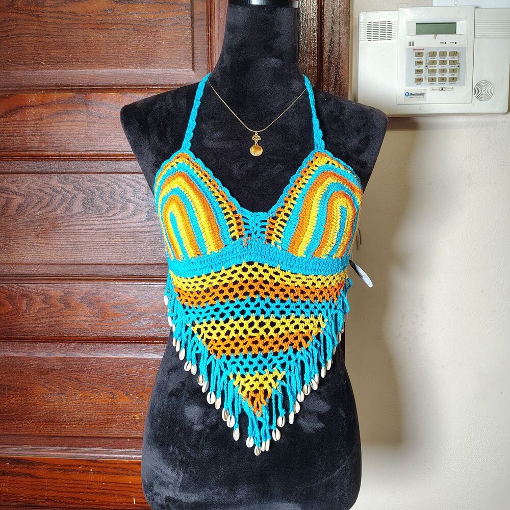 Crochet Halter Top W Cowrie Shell Fringe Hippie Beach OS NWTS/T271